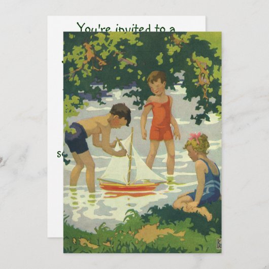 ヴィンテージ子供の夏のヨット誕生日パーティー 招待状 (正面/裏面)