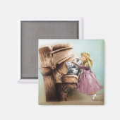ヴィンテージ子供へアート、スクエアマグネット – ピアノガール マグネット (正面/裏面)