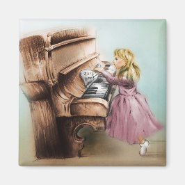 ヴィンテージ子供へアート、スクエアマグネット – ピアノガール マグネット