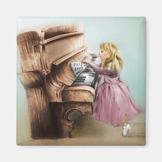 ヴィンテージ子供へアート、スクエアマグネット – ピアノガール マグネット (正面)