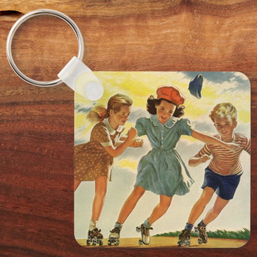 ヴィンテージ子供少年少女おもしろいローラースケートで滑る キーホルダー (正面)