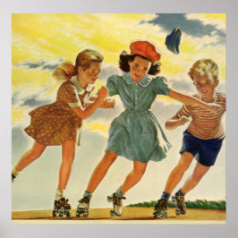 ヴィンテージ子供少年少女おもしろいローラースケートで滑る ポスター