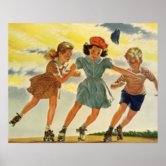 ヴィンテージ子供少年少女おもしろいローラースケートで滑る ポスター (正面)