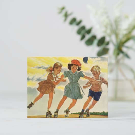 ヴィンテージ子供少年少女おもしろいローラースケートで滑る ポストカード (スタンド正面)