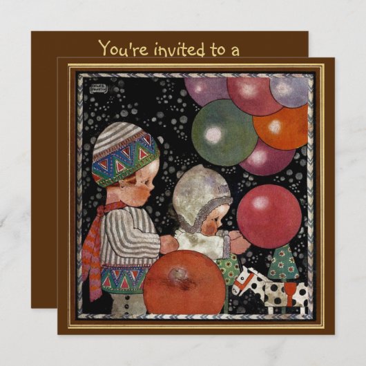 ヴィンテージ子供誕生日パーティーバルーンおもちゃおもしろい! 招待状 (正面/裏面)
