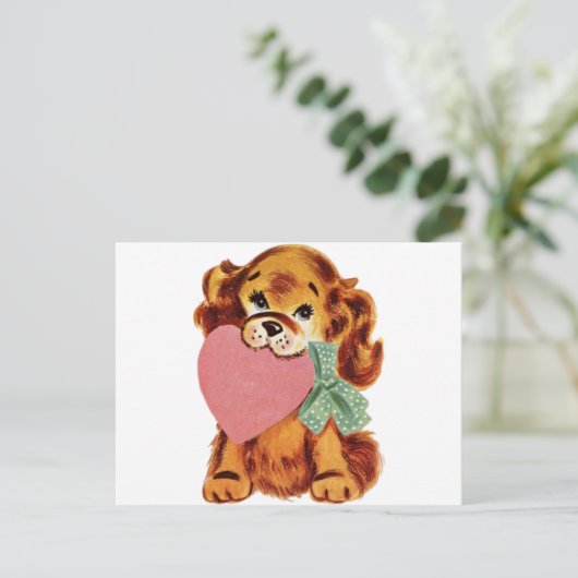 ヴィンテージ子犬がハートを保持 ポストカード (スタンド正面)