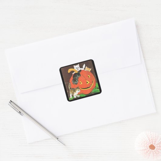 ヴィンテージ子猫とカボチャのステッカー スクエアシール (封筒)