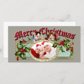 ヴィンテージ子猫とクリスマスのホリーベリーの写真 シーズンカード (正面/裏面)