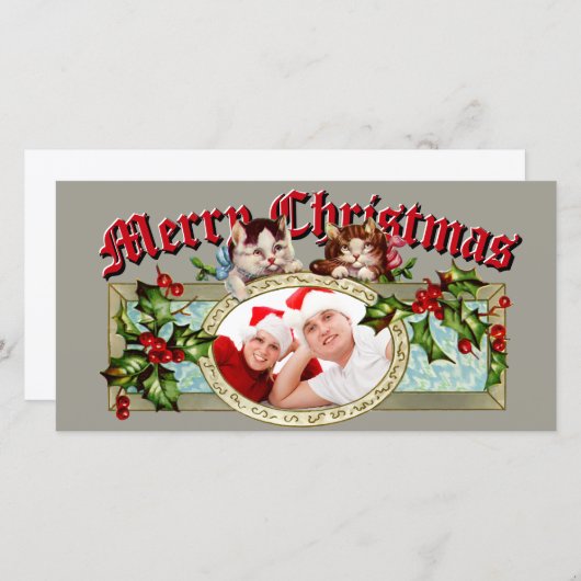 ヴィンテージ子猫とクリスマスのホリーベリーの写真 シーズンカード (正面/裏面)