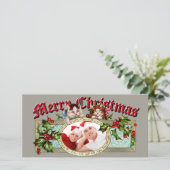 ヴィンテージ子猫とクリスマスのホリーベリーの写真 シーズンカード (スタンド正面)