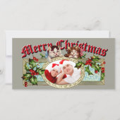 ヴィンテージ子猫とクリスマスのホリーベリーの写真 シーズンカード (正面)