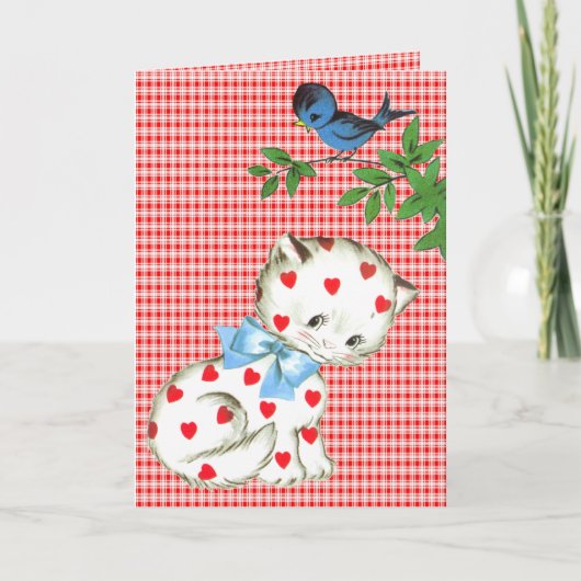 ヴィンテージ子猫と鳥誕生日 カード (正面)