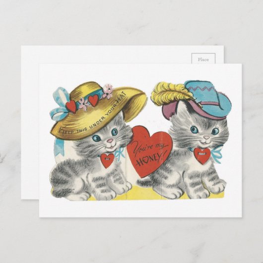 ヴィンテージ子猫の帽子のバレンタインコピー シーズンポストカード (正面/裏面)