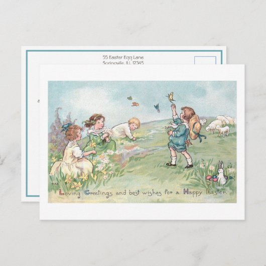 ヴィンテージ子羊とイースターバニー シーズンポストカード (正面/裏面)