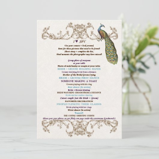 ヴィンテージ孔雀とエッチング結婚のゲームIスパイホワイト 招待状 (スタンド正面)