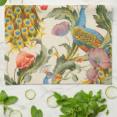 ヴィンテージ孔雀とケシのイラスト キッチンタオル (折り畳み)