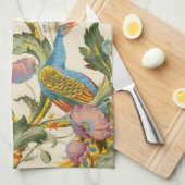ヴィンテージ孔雀とケシのイラスト キッチンタオル (四つ折り)