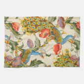 ヴィンテージ孔雀とケシのイラスト キッチンタオル (横)