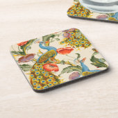 ヴィンテージ孔雀とケシのイラスト コースター (左側)
