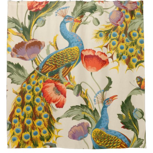 ヴィンテージ孔雀とケシのイラスト シャワーカーテン (正面)