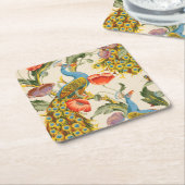 ヴィンテージ孔雀とケシのイラスト スクエアペーパーコースター (アングル)