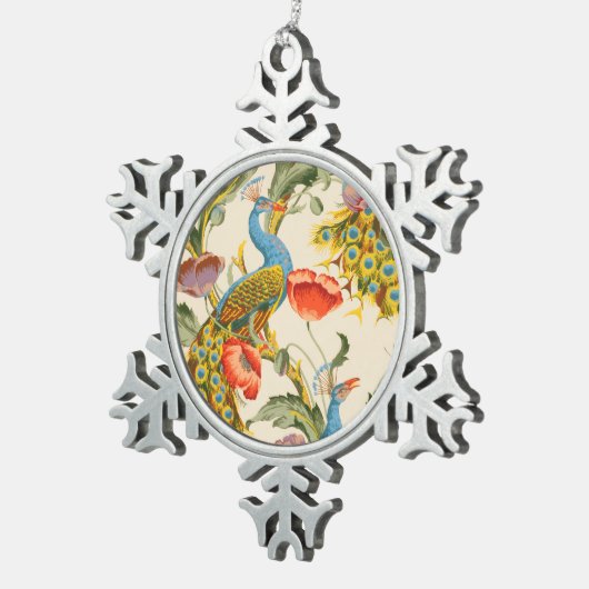 ヴィンテージ孔雀とケシのイラスト スノーフレークピューターオーナメント (右)