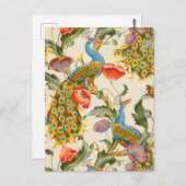 ヴィンテージ孔雀とケシのイラスト ポストカード (正面/裏面)
