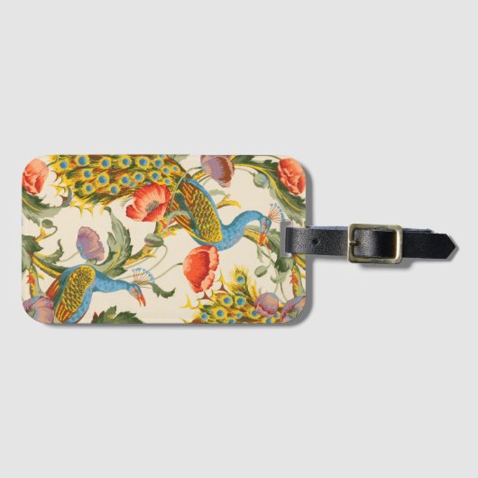 ヴィンテージ孔雀とケシのイラスト ラゲッジタグ (正面横)