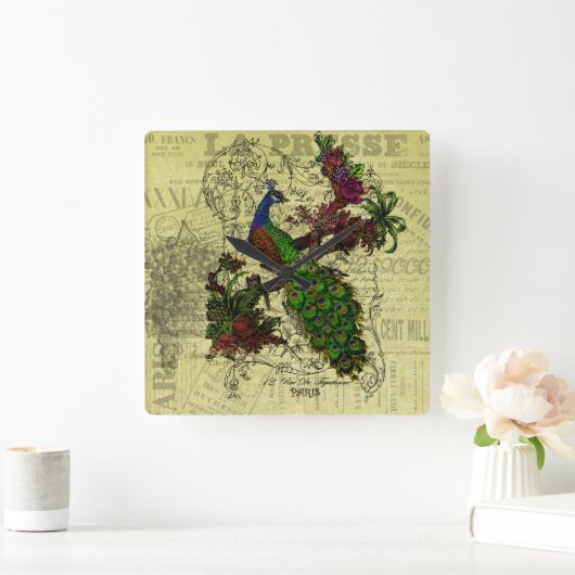 ヴィンテージ孔雀の壁時計 スクエア壁時計 (ホーム)