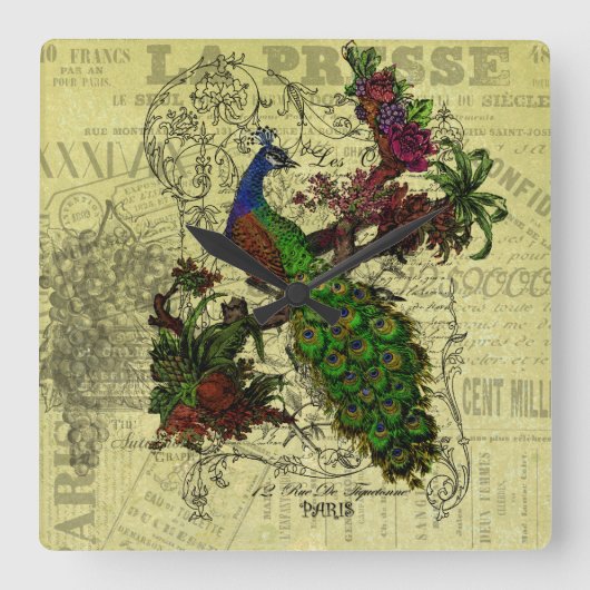 ヴィンテージ孔雀の壁時計 スクエア壁時計 (正面)