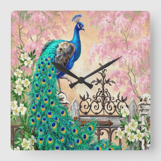 ヴィンテージ孔雀の壁時計 スクエア壁時計 (正面)