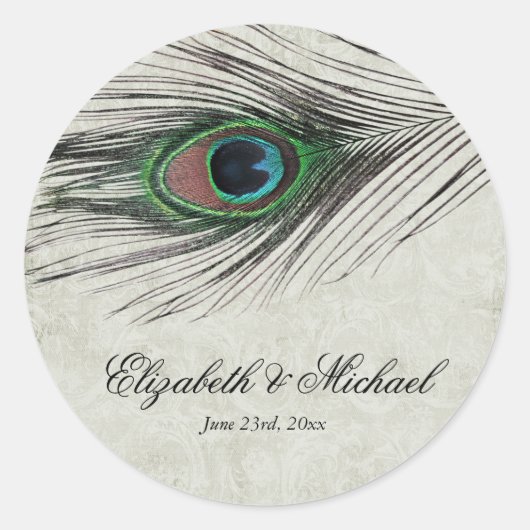 ヴィンテージ孔雀の羽のラウンド結婚式の引き出物ラベル ラウンドシール (正面)