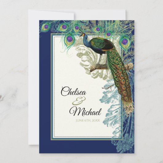 ヴィンテージ孔雀の羽ネイビーブルー結婚- s 招待状 (裏面)