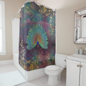 ヴィンテージ孔雀の羽パープルティール（緑がかった色）金ゴールドスクロール シャワーカーテン (インサイチュ)