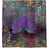 ヴィンテージ孔雀の羽紫色の金箔の渦巻き シャワーカーテン (正面)