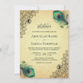 ヴィンテージ孔雀の羽QRコードムスリム結婚ズ 招待状 (正面)