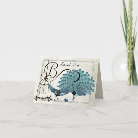 ヴィンテージ孔雀の鳥かご結婚式招待状 サンキューカード (正面)