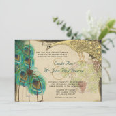 ヴィンテージ孔雀の鳥のケージ羽の結婚式の招待 招待状 (スタンド正面)