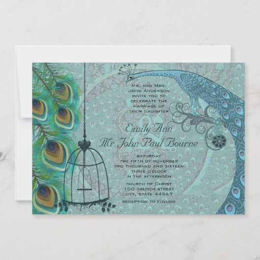 ヴィンテージ孔雀の鳥のケージ羽の結婚式の招待 招待状 (正面)