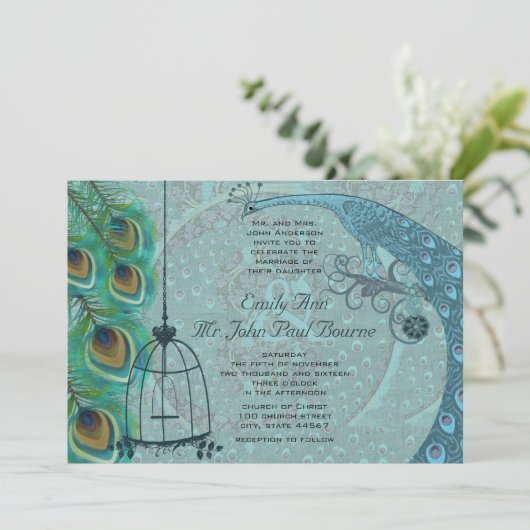 ヴィンテージ孔雀の鳥のケージ羽の結婚式の招待 招待状 (スタンド正面)