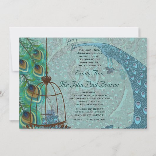 ヴィンテージ孔雀の鳥のケージ羽の結婚式の招待 招待状 (正面)