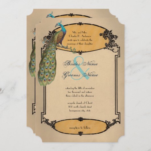 ヴィンテージ孔雀アールデコプレイビル結婚ズ 招待状 (正面/裏面)