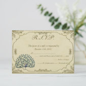ヴィンテージ孔雀ウェディングRSVPカード 招待状 (スタンド正面)