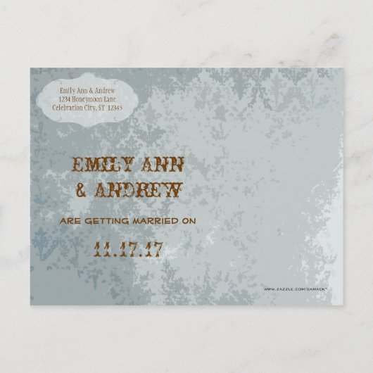 ヴィンテージ孔雀ダマスク日付を保存 案内ポストカード (裏面)