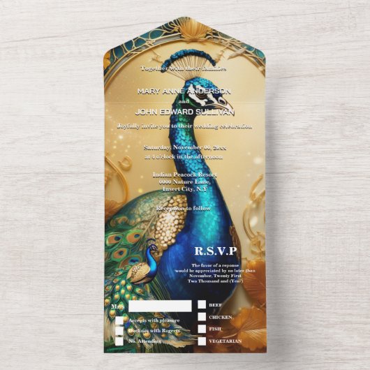 ヴィンテージ孔雀テーマ結婚のディナーリハーサル オールインワン招待状 (内側)