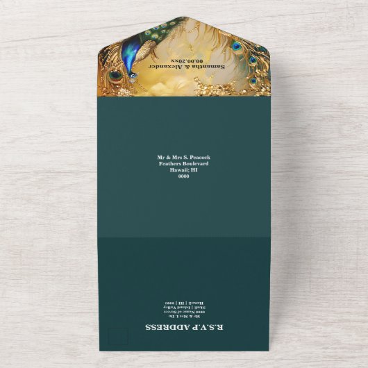 ヴィンテージ孔雀テーマ結婚のディナーリハーサル オールインワン招待状 (外側)