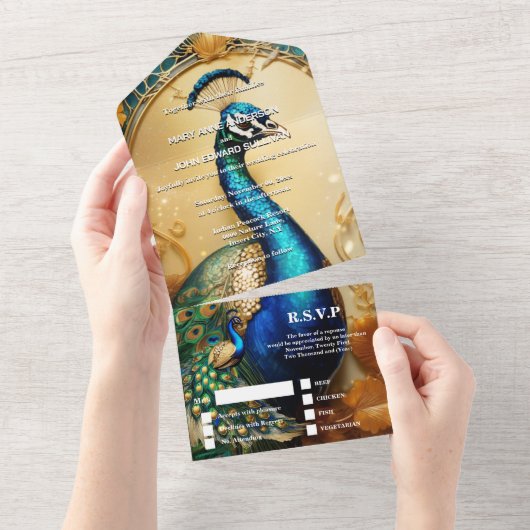 ヴィンテージ孔雀テーマ結婚のディナーリハーサル オールインワン招待状 (貼ってはがせる)