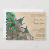 ヴィンテージ孔雀バードケージフェザーウェディングインビテート 招待状 (正面)