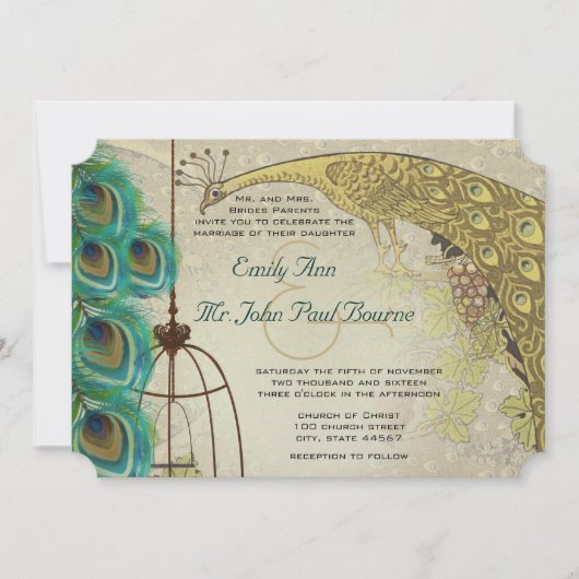 ヴィンテージ孔雀バードケージフェザー結婚ズ 招待状 (正面)