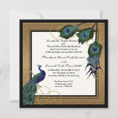ヴィンテージ孔雀フェザーブラック金ゴールドエレガントな結婚式 招待状 (正面)